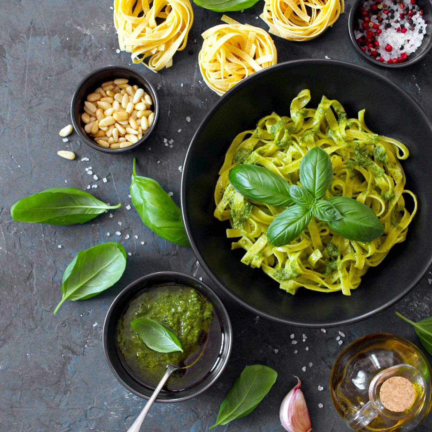 Overhead shot of a pasta dish with pesto made from Large Sweet for Pots basil.