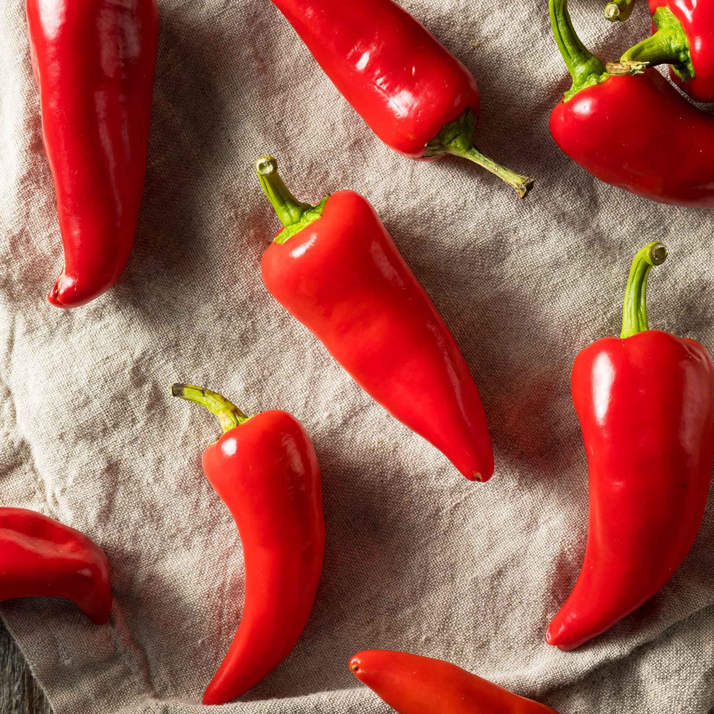 Several bright red Fresno chile peppers are shown against a muted background.