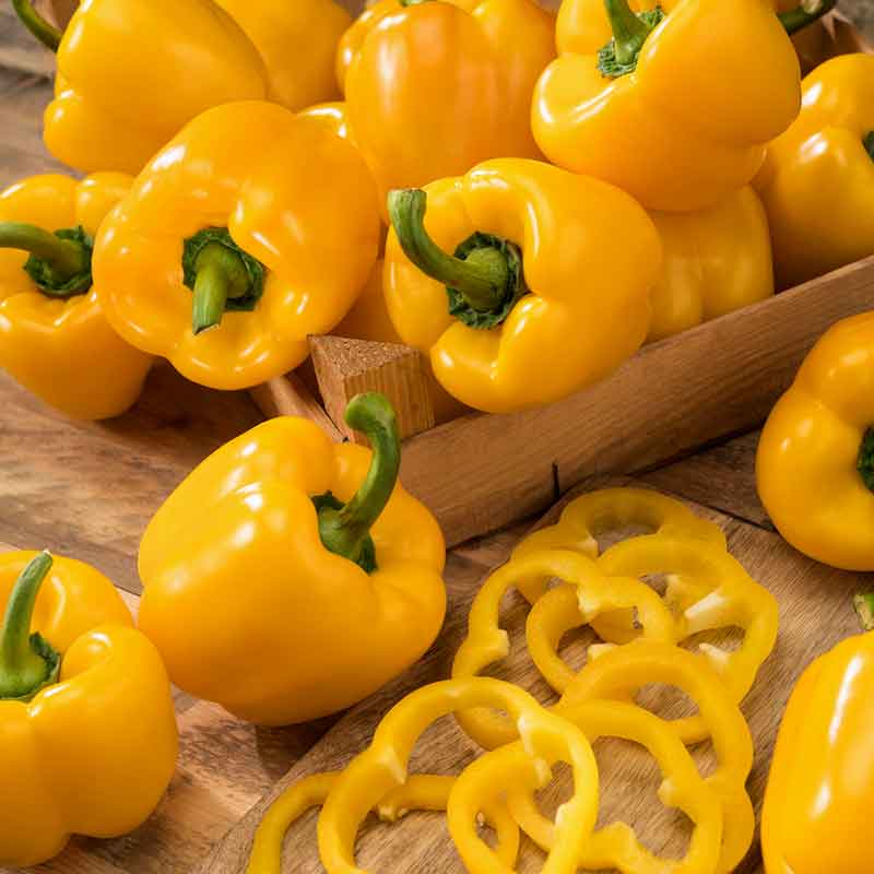 A lot of Golden Cal Wonder peppers showing glossy skin, green stems, and slices of pepper. | copyright: Floramedia UK Ltd