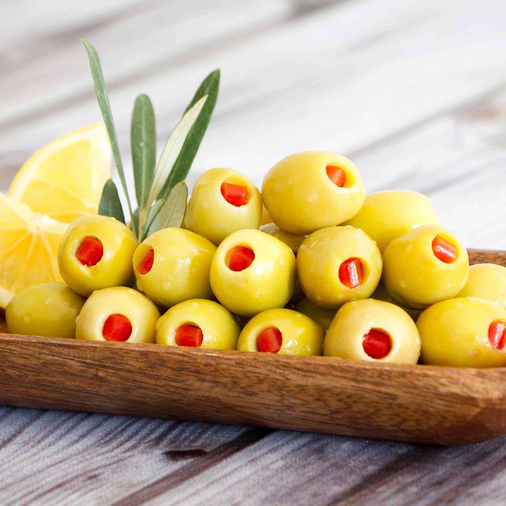 Olives stuffed with Pimento peppers.