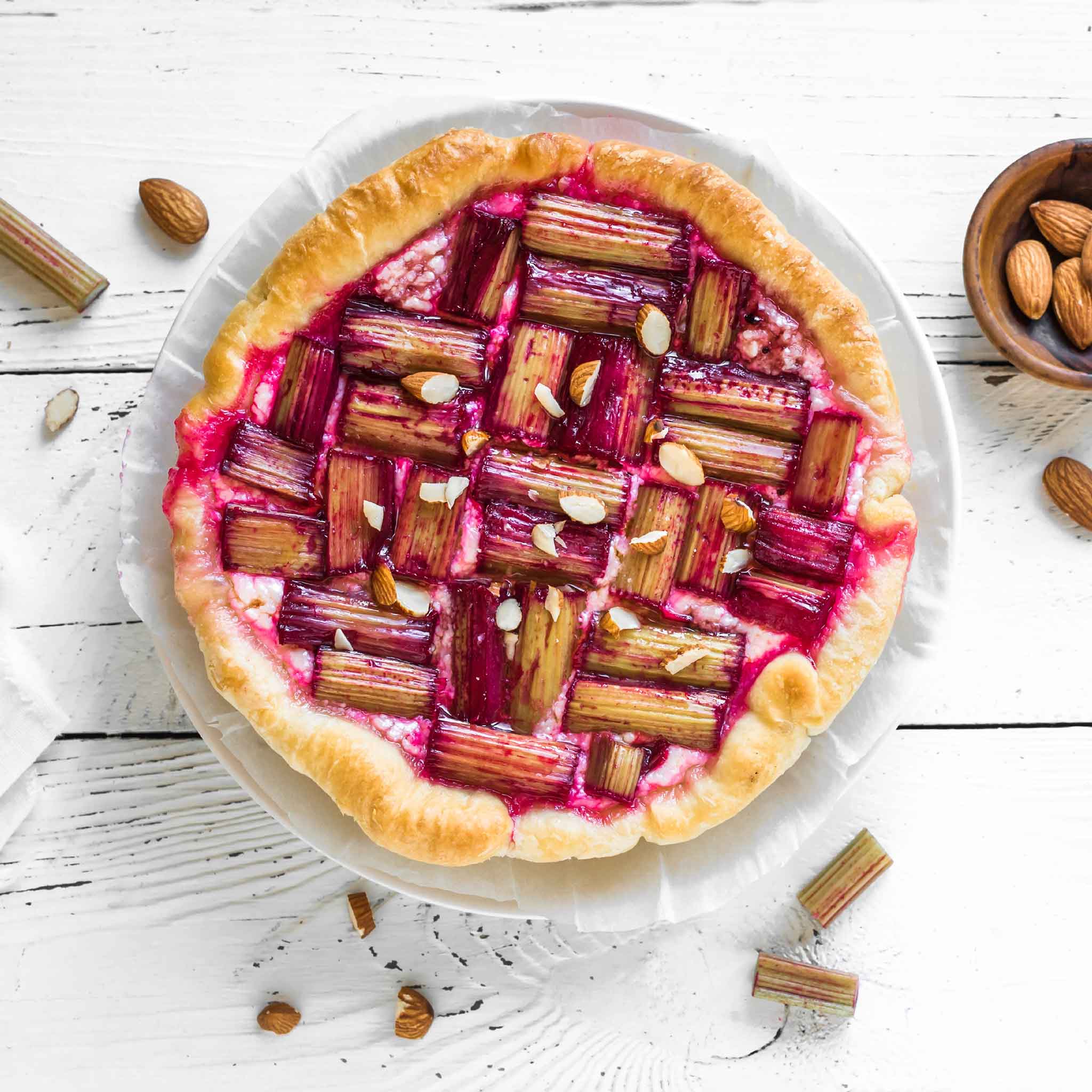 Victoria rhubarb in a rhubarb pie showing nice red coloring.