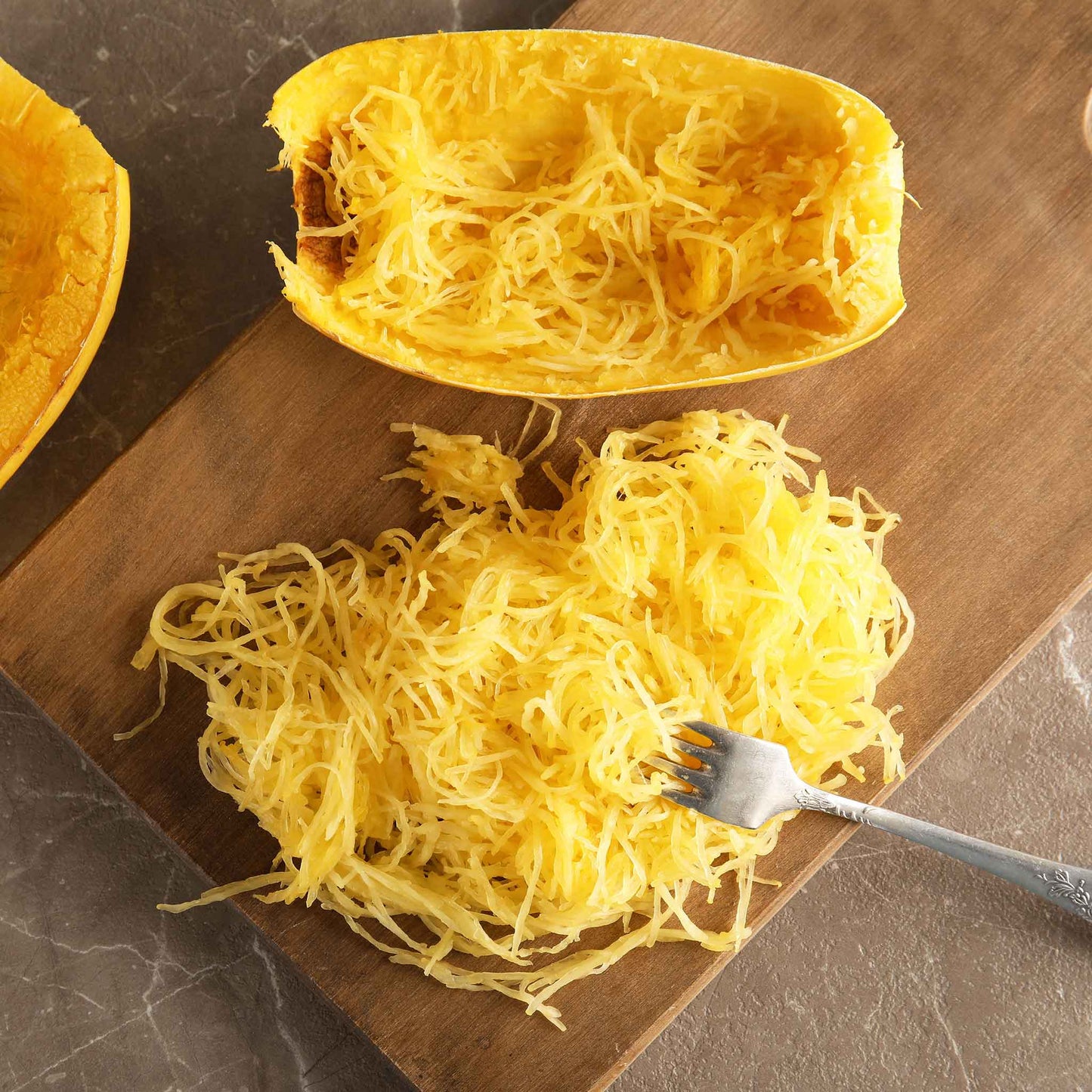 Vegetable Spaghetti squashed flesh scooped out showing how it got it's name.
