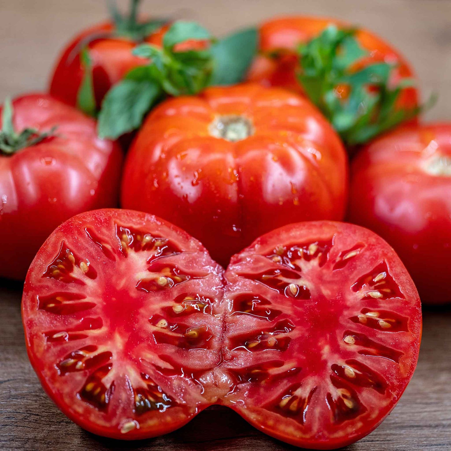 A ripe, red Cuostralee tomato with a blurred tomatoes in the background and a sliced tomato in the foreground.