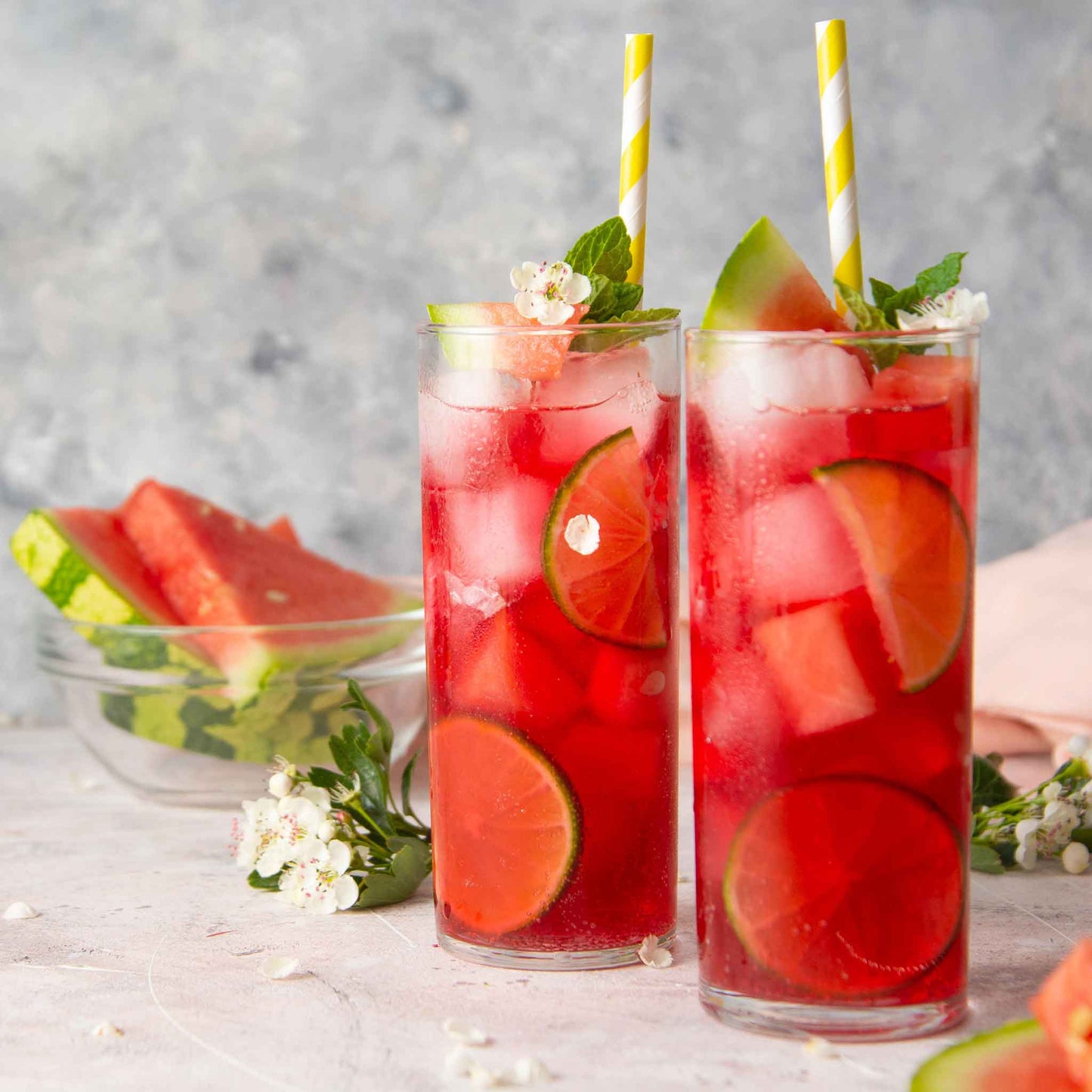 Two glasses of watermelon juice.