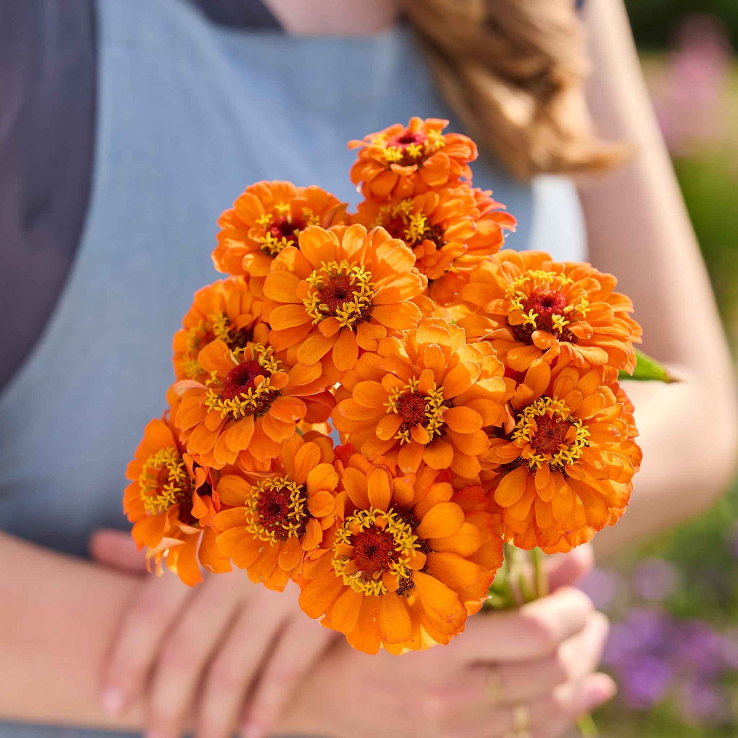 Person holding a bouquet of bright pure orange flowers with a blurred natural background