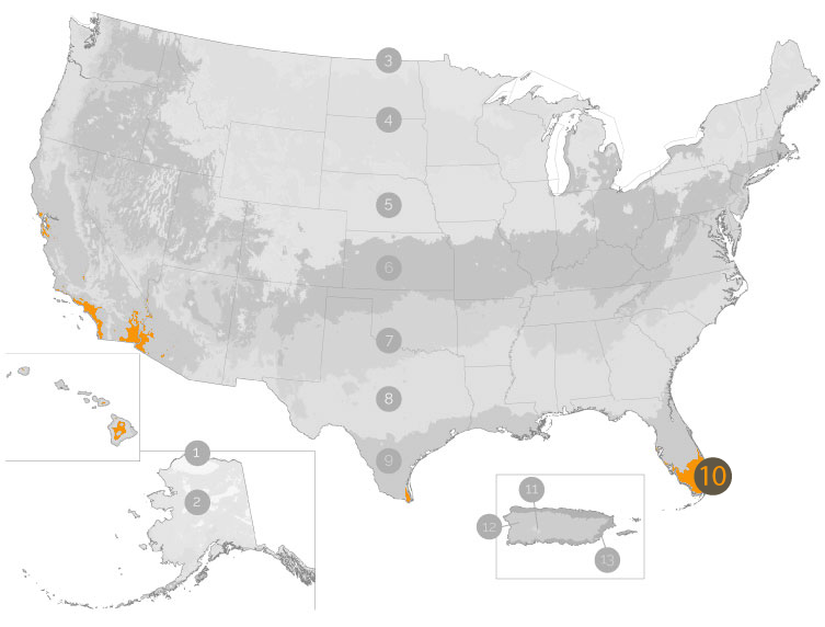 USDA Growing Zone Map with Zone 10 Highlighted