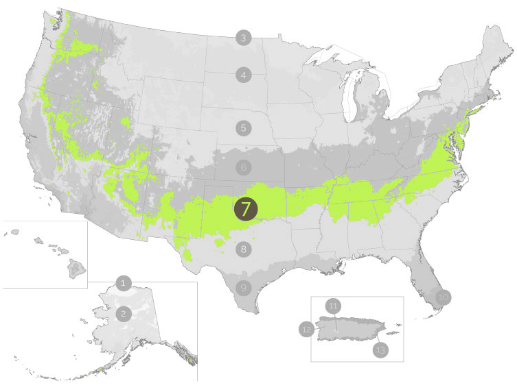 USDA Growing Zone Map with Zone 7 Highlighted