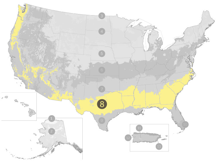 USDA Growing Zone Map with Zone 8 Highlighted