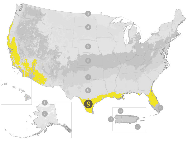 USDA Growing Zone Map with Zone 9 Highlighted