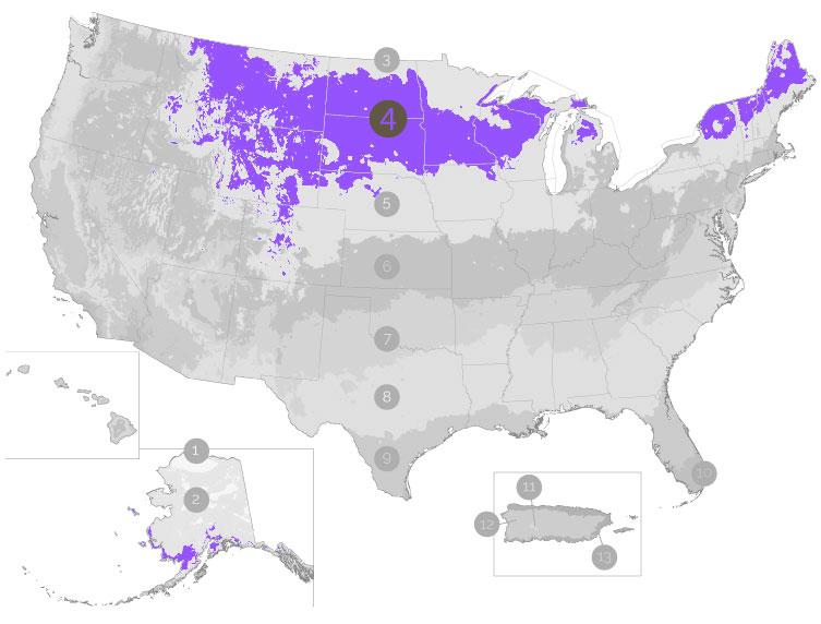 USDA Growing Zone Map with Zone 4 Highlighted