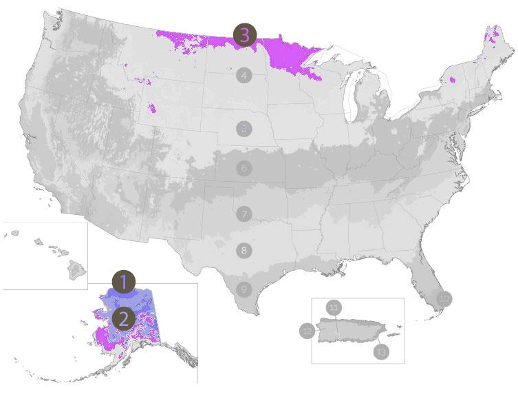 USDA Growing Zone Map with Zone 1,2, and 3 Highlighted