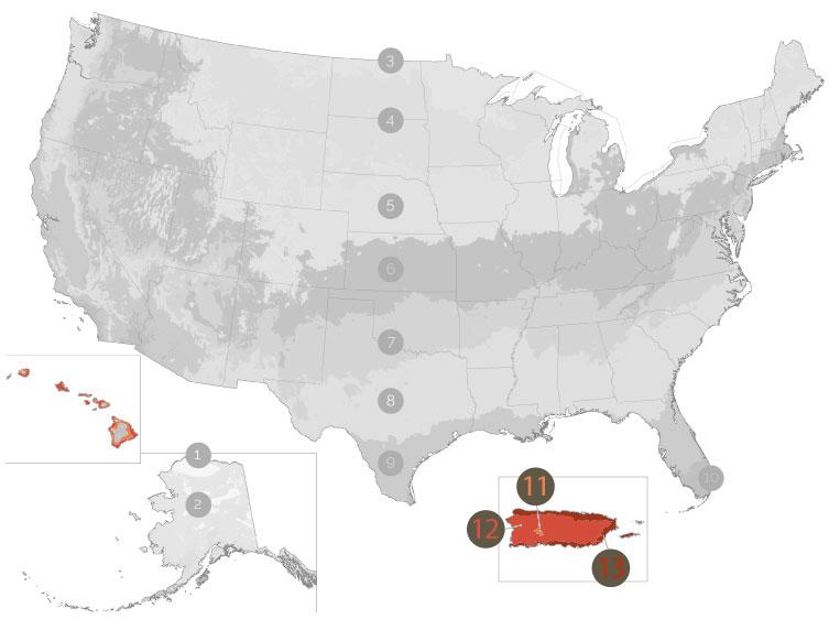 USDA Growing Zone Map with Zone 11, 12, and 13 Highlighted