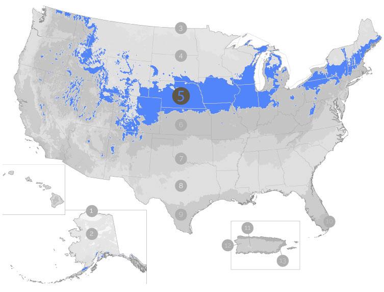 USDA Growing Zone Map with Zone 5 Highlighted