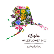 Graphic of the outline of the state for Alaska Wildflower Seed Mix that contains images of the flowers in the mix