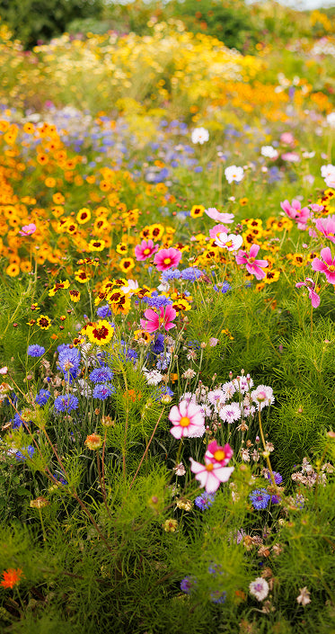 A vibrant wildflower meadow filled with yellow sunflowers, pink and white cosmos, blue cornflowers, and green foliage in soft focus.