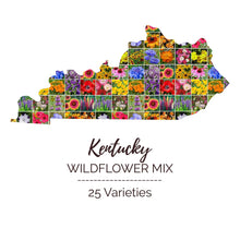 Graphic of the outline of the state for Kentucky Wildflower Seed Mix that contains images of the flowers in the mix