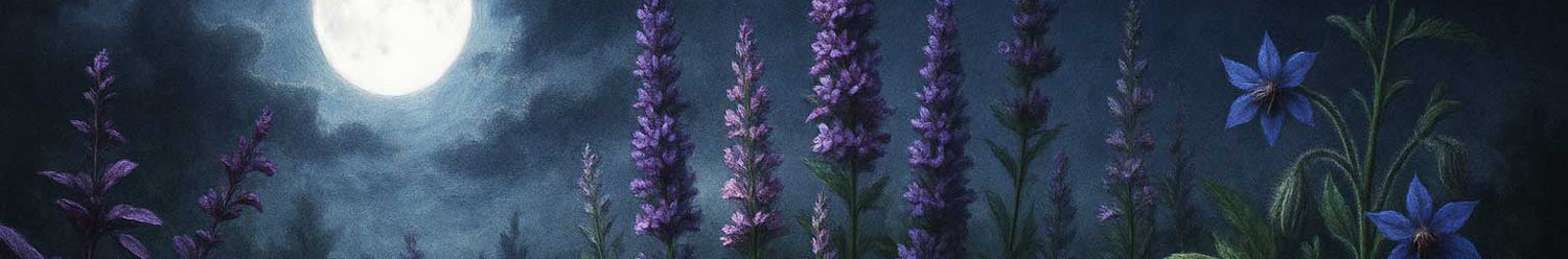 Floral scene with purple flowers and a full moon against a dark sky