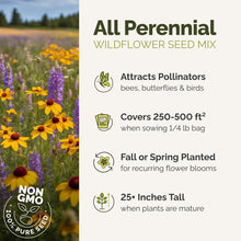 Wildflower seed mix advertisement with field of flowers on the left and text on the right.