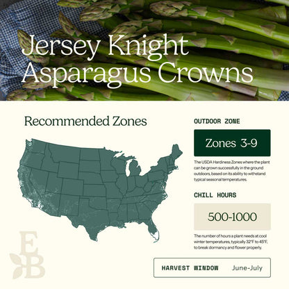 Graphic showing the recommended growing zones for asparagus crowns