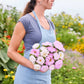 Person holding a bouquet of china aster duchesse rose white flowers in a garden setting
