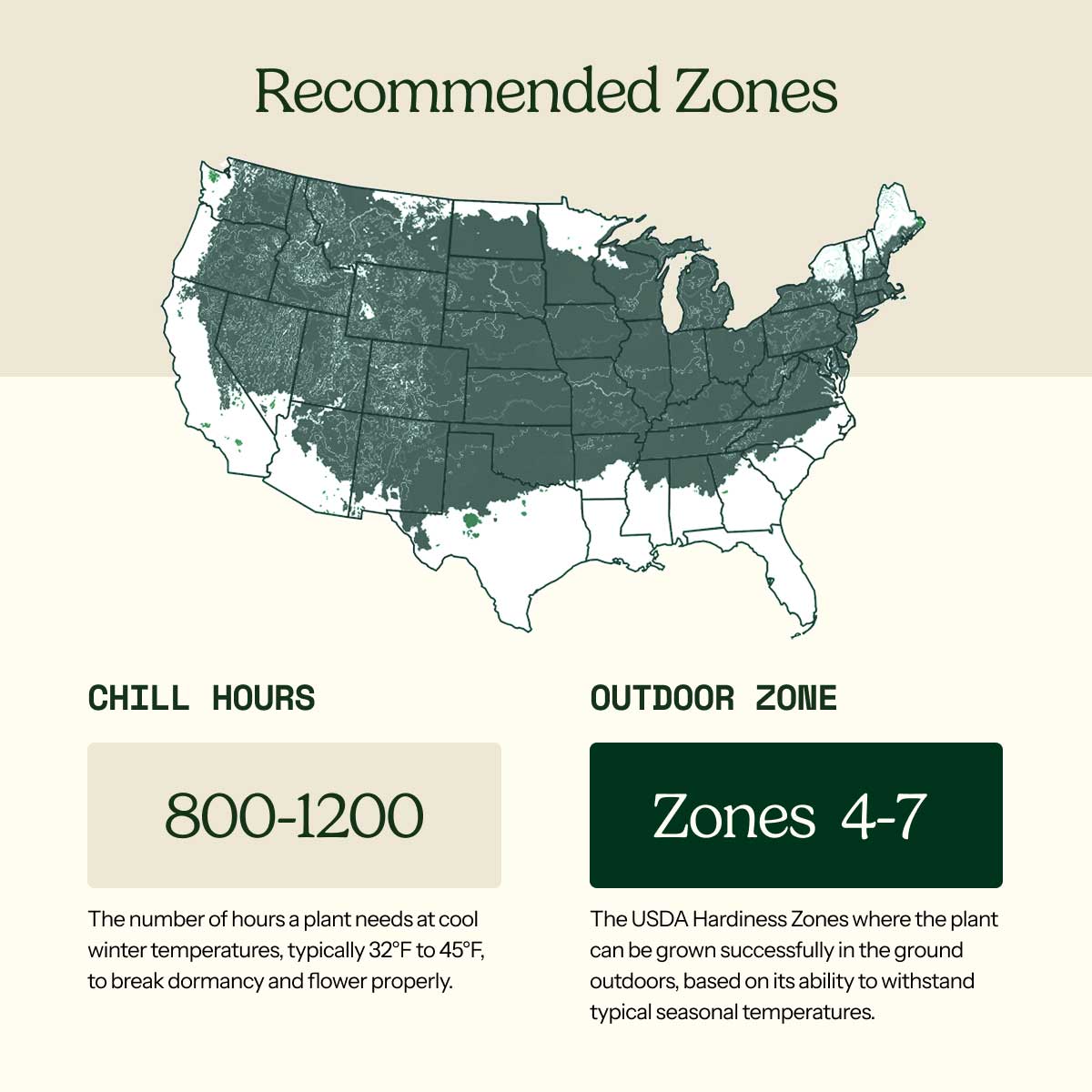 A USDA hardiness zone map of the United States with labeled patio and outdoor zones, showing a light teal map on a beige background with explanatory text blocks below.