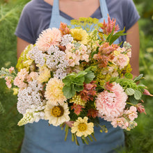 Person holding a large bouquet of colorful flowers from the garden social bouquet in a garden setting