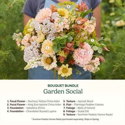 Bouquet bundle labeled 'Garden Social' with flowers and text description.