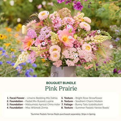 Bouquet of pink and yellow flowers with labels on a natural background