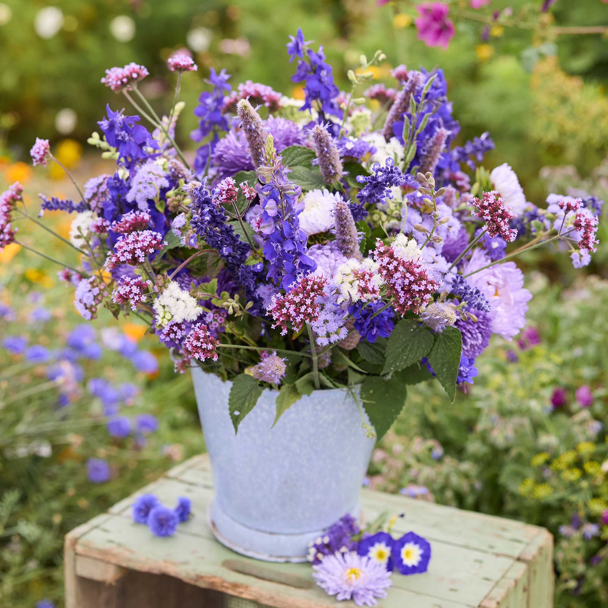 Bouquet of purple and white flowers from the twilight meadow bouquet in a light blue vase on a wooden stool with a garden background.