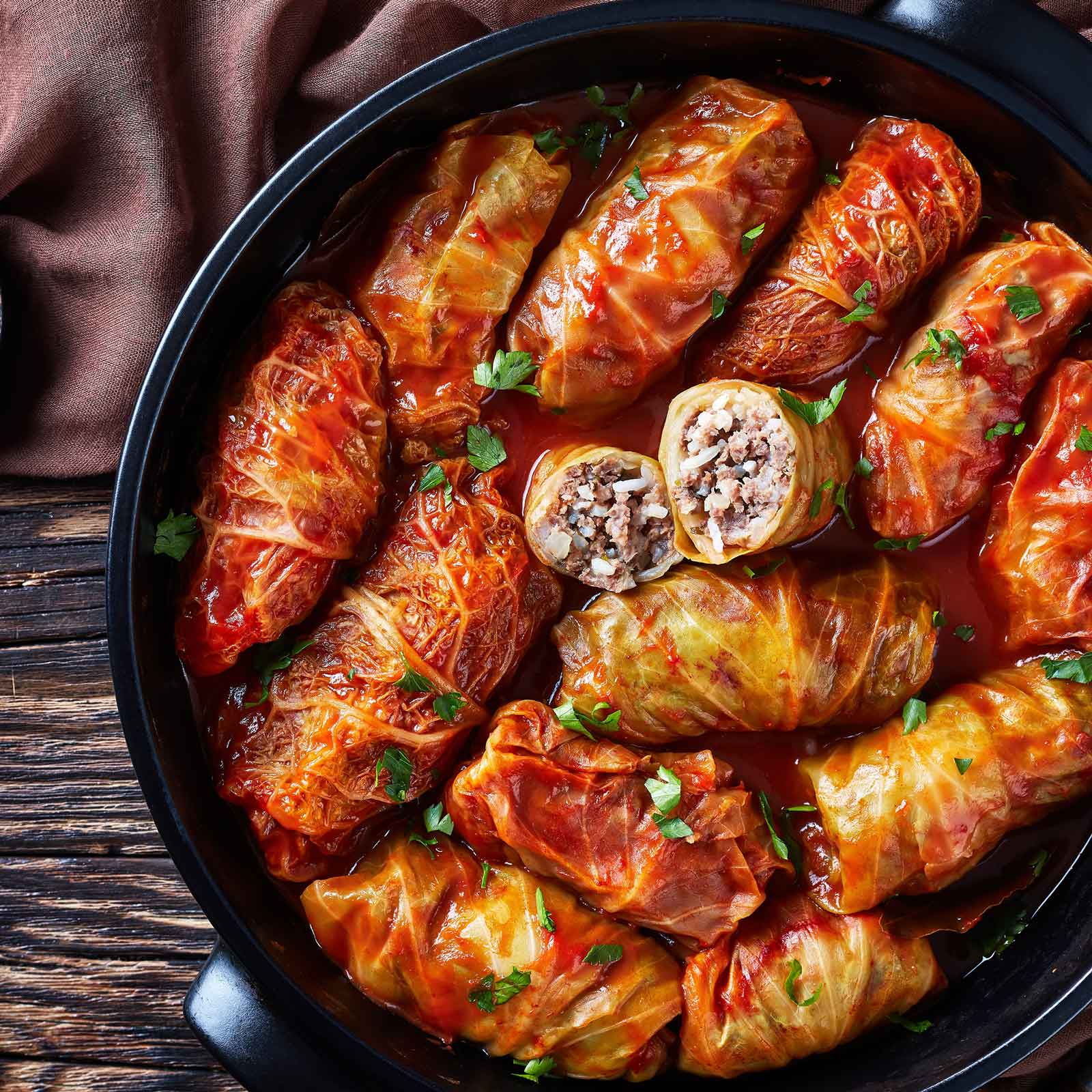 Cooked cabbage rolls made with copenhagen market cabbage.