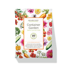 Eden Brothers Container Garden Seed Collection packaging with colorful illustrations of vegetables and flowers on a white background.