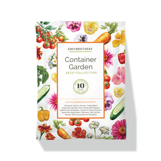 Eden Brothers Container Garden Seed Collection packaging with colorful illustrations of vegetables and flowers on a white background.