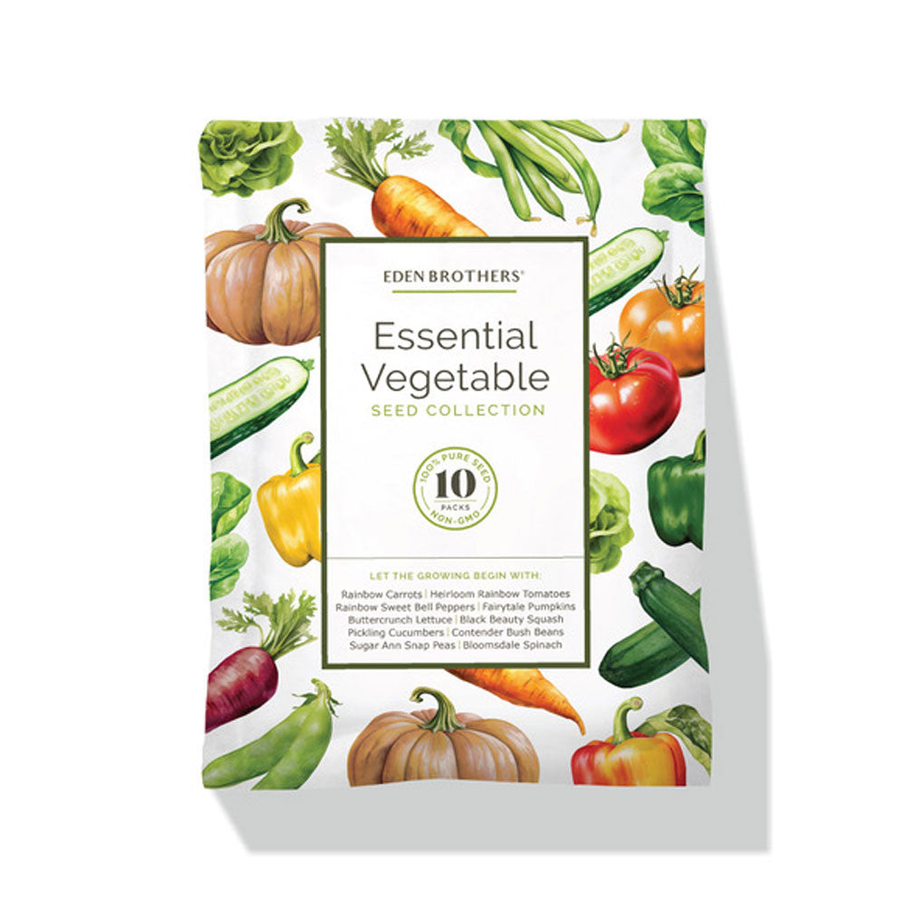Eden Brothers Essential Vegetable Seed Collection packaging with illustrations of various vegetables on a white background.