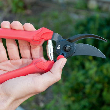 Hand holding a pair of red-handled bypass pruners with a blurred green background
