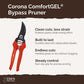Graphic with corona comfortgel bypass pruner calling out features of the tool