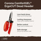 Graphic with corona comfortgel dead header calling out features of the tool