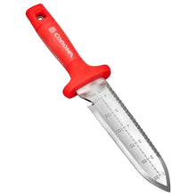 Corona ComfortGel Hori Hori knife with a red handle and measurement markings on a white background