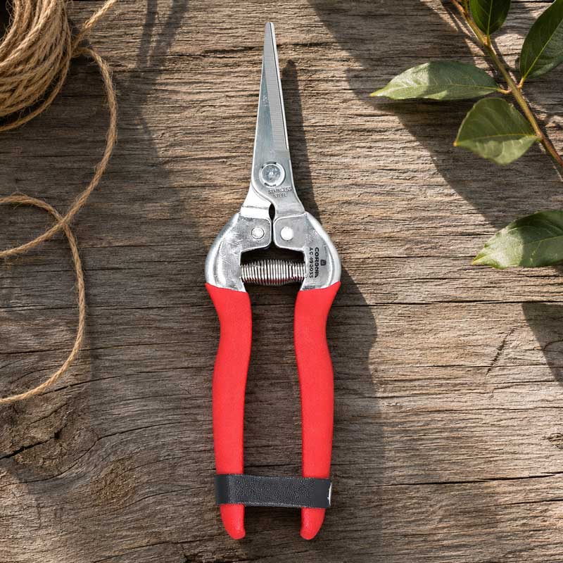 Red-handled Corona® Long Straight Snips with a black wrist strap, shown on a rustic wooden surface with twine and green leaves.
