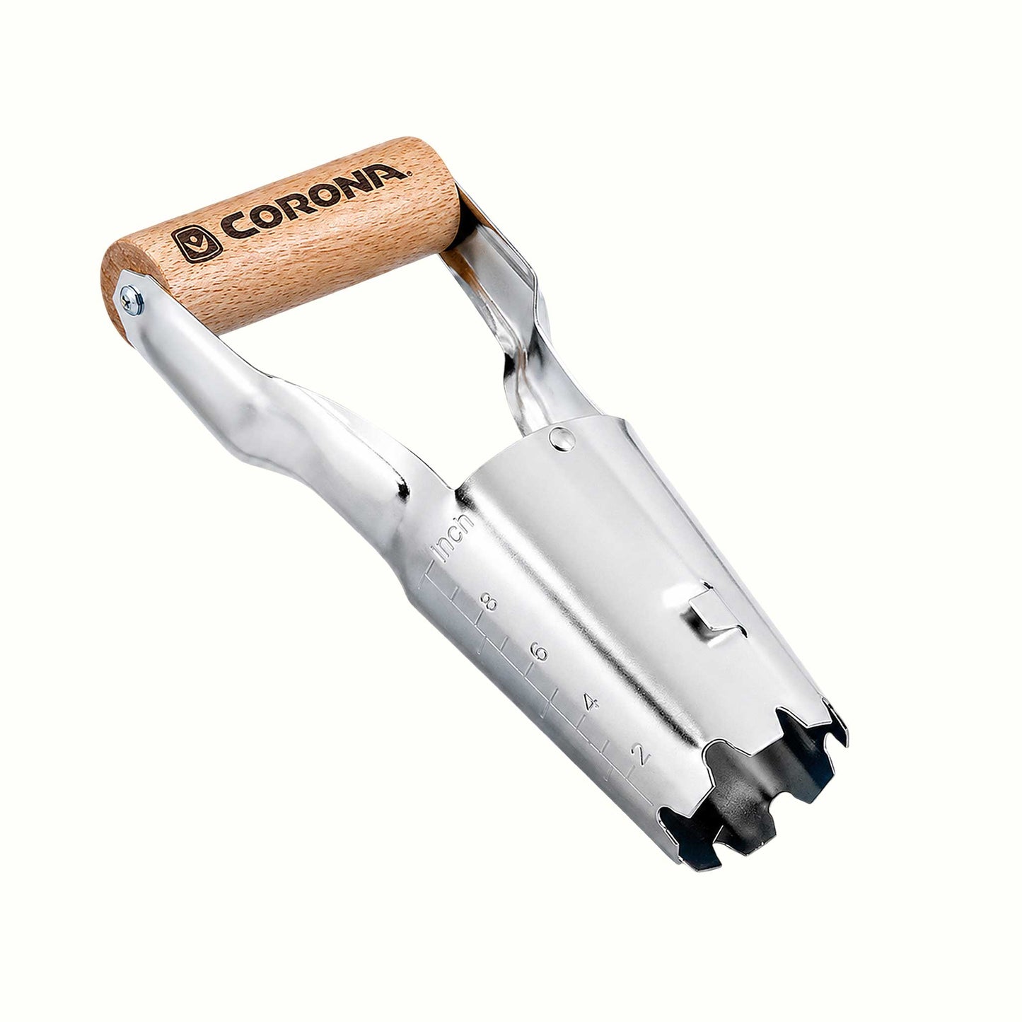 The corona classic wooden handle bulb planter with metal cone shaped digger on a white background