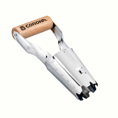 The corona classic wooden handle bulb planter with metal cone shaped digger on a white background