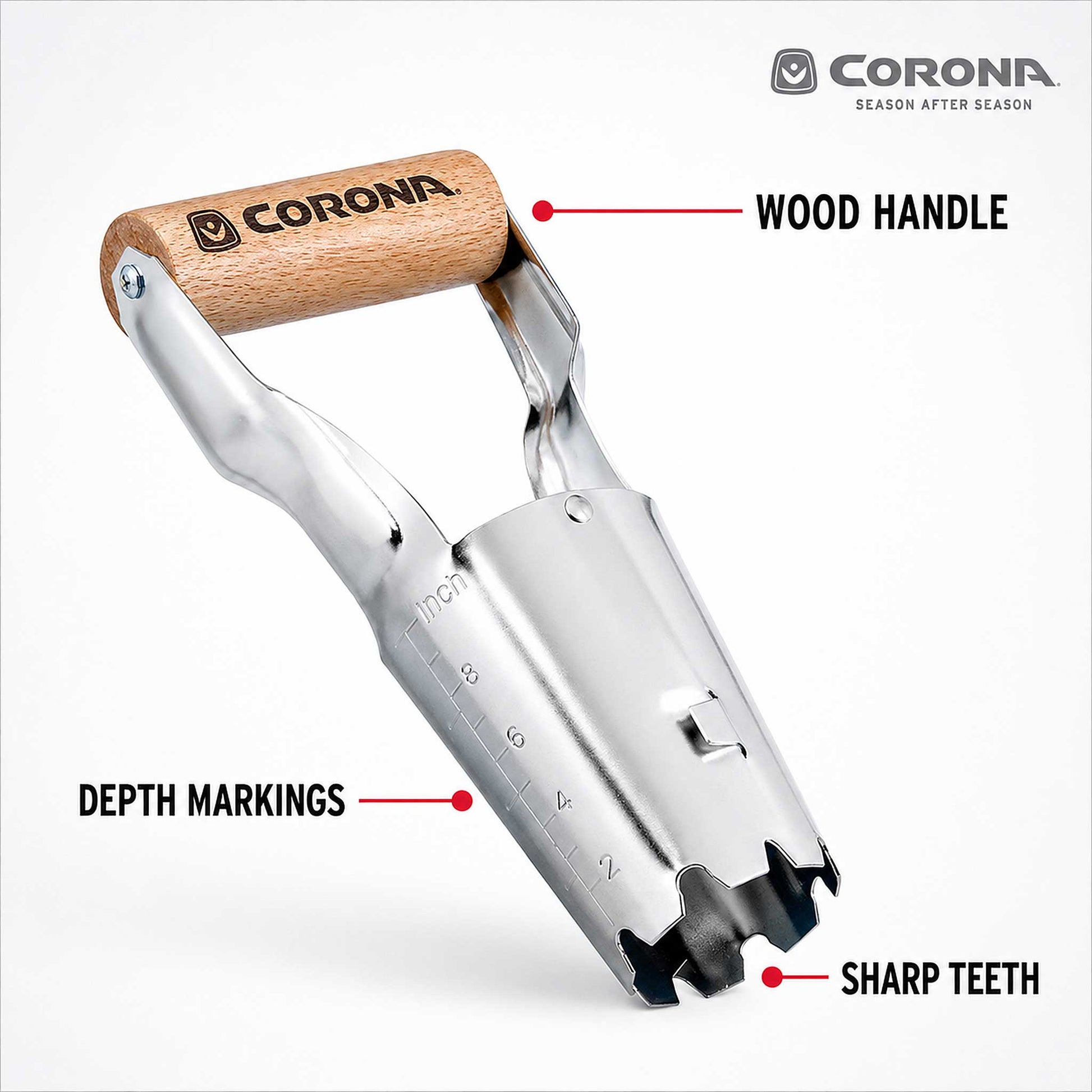 The corona classic wooden handle bulb planter with metal cone shaped digger on a white background with labels