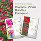 Graphic of cosmos and zinnia flamenco bundle pack displaying a product image and contents of the bundle.