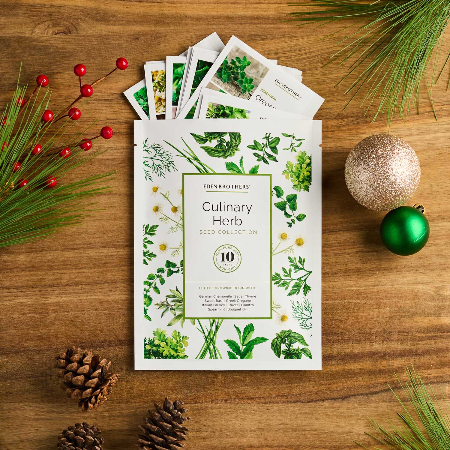Eden Brothers Culinary Herb Seed Collection packaging on a wooden surface with decorative elements.