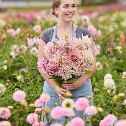 Person holding a coral bouquet of cafe au lait twist dahlia flowers in a garden setting