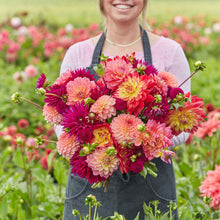 A person holding a bouquet of Juliette's Mix dahlia flowers in a garden setting.