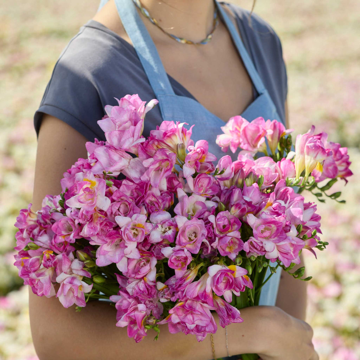 Person holding a pink bouquet of freesia honeymoon in a garden setting