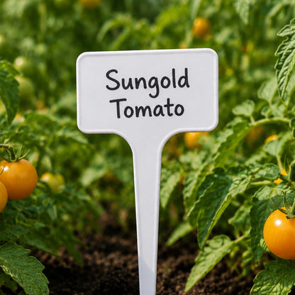 White garden labels for marking plant and seedling varieties in a garden or pot.
