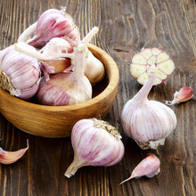 Garlic duganski bulbs in a wooden bowl and table with long stems