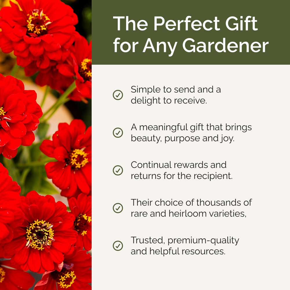 Red flowers with text about a perfect gift for gardeners on a green and white background