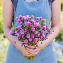 Person holding a bouquet of purple flowers from the gomphrena bundle in a natural setting